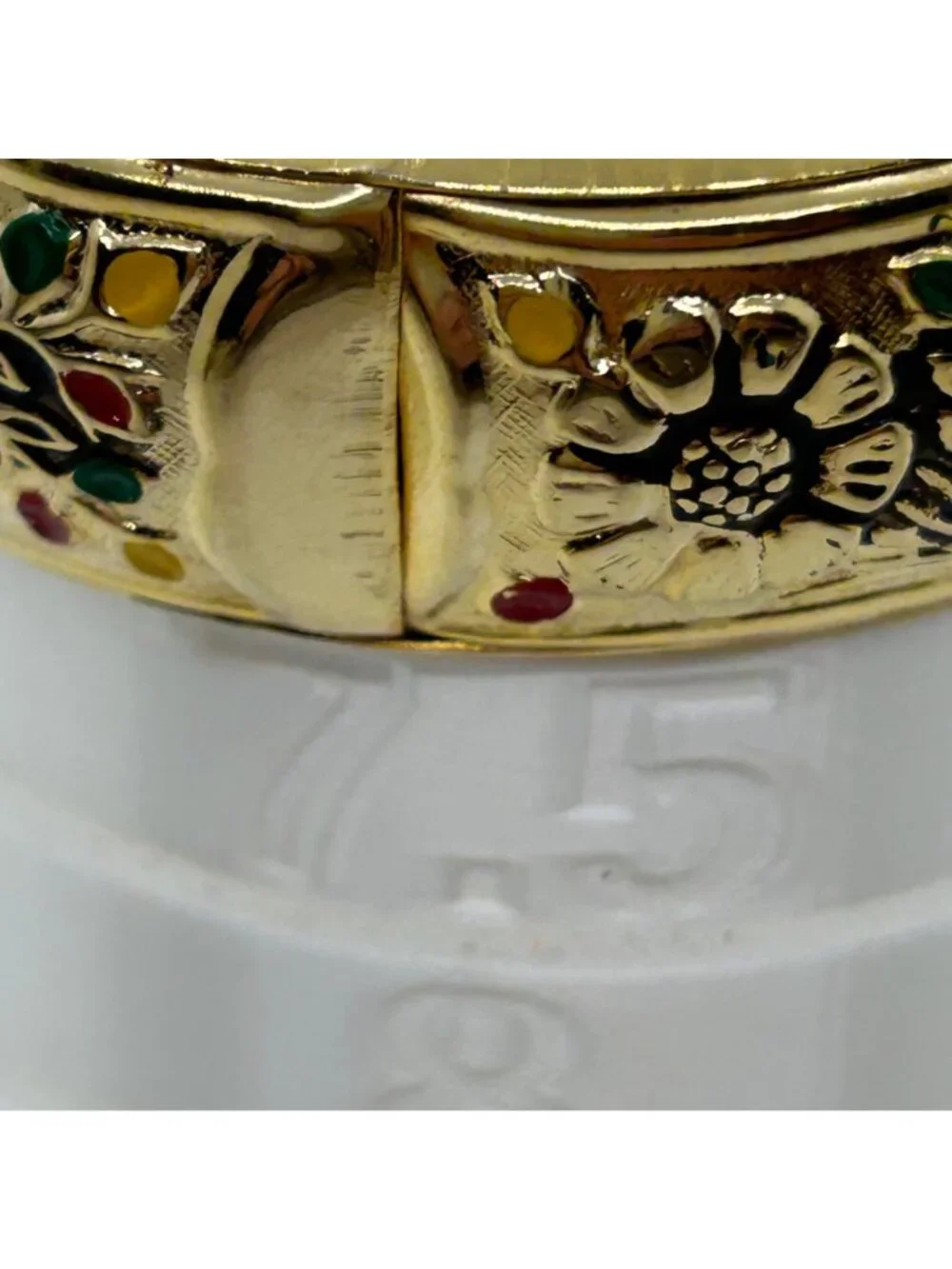 Vintage Gold Tone Floral Hinged Bangle Bracelet Enamel Detailing Embossed READ